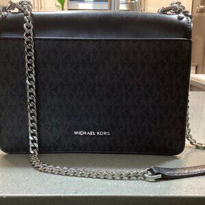 Michael Kors White and Black Jade Crossbody Bag with Silver Chain